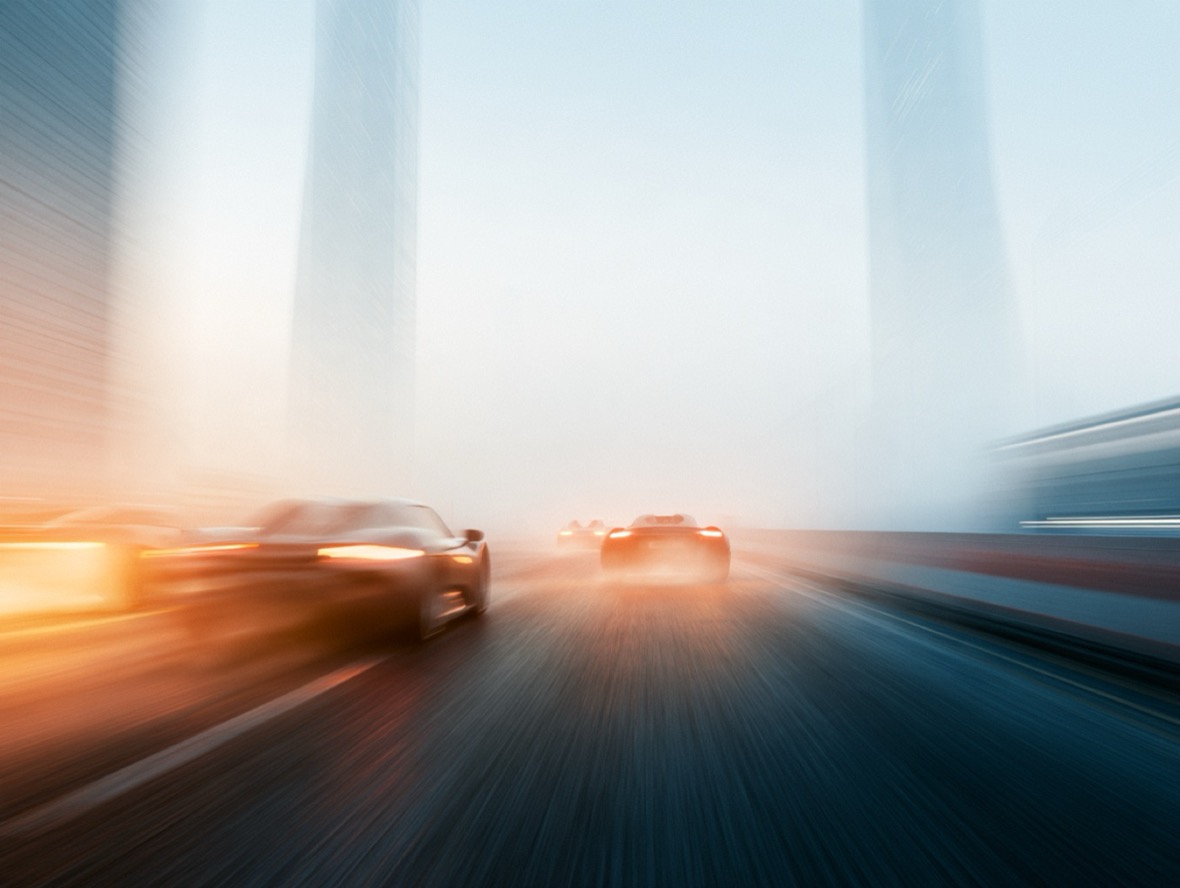 Cars at speed in fog, in a trail of light